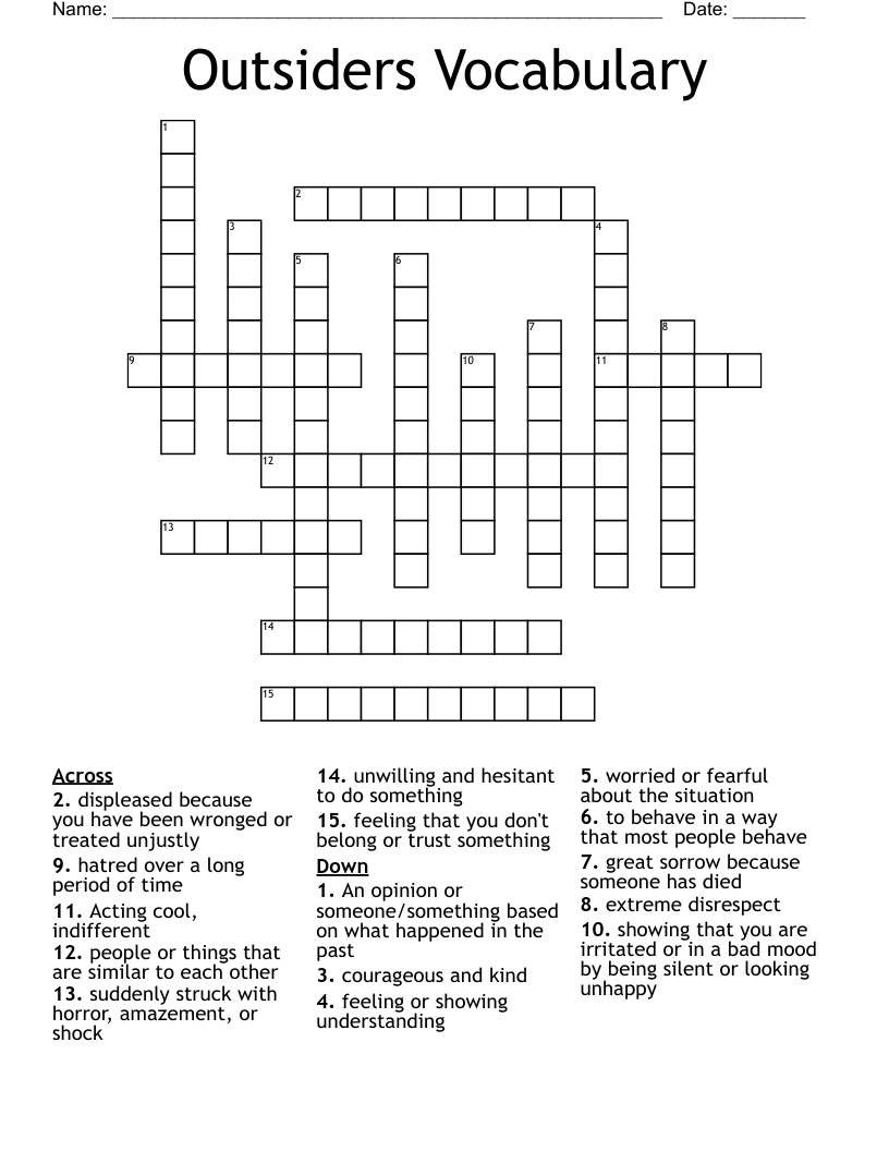Outsiders Vocabulary Crossword