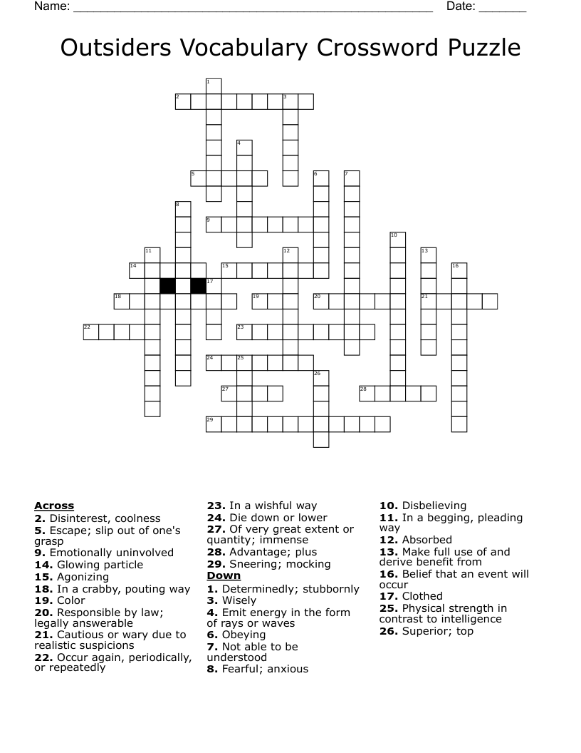 Outsiders Vocabulary Crossword Puzzle