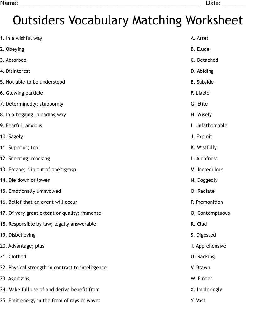 Outsiders Vocabulary Matching Worksheet