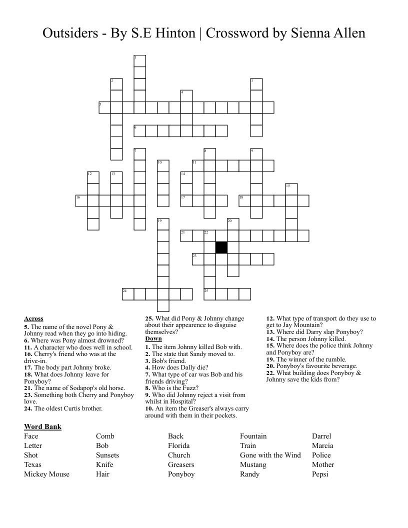 Outsiders - By S.E Hinton | Crossword by Sienna Allen