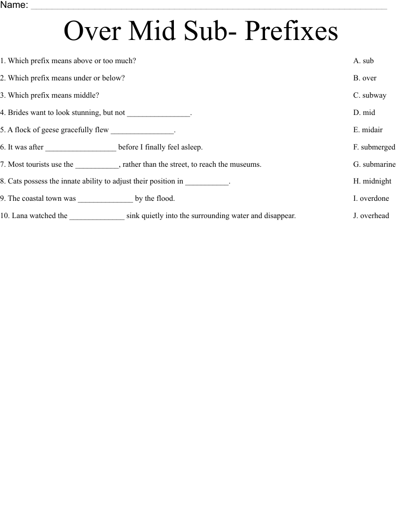 Over Mid Sub- Prefixes Worksheet