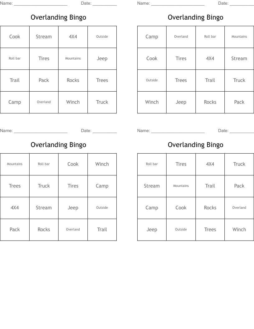Overlanding Bingo