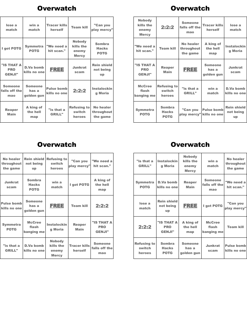 Overwatch Bingo Cards