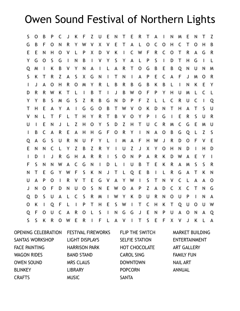 Owen Sound Festival of Northern Lights Word Search