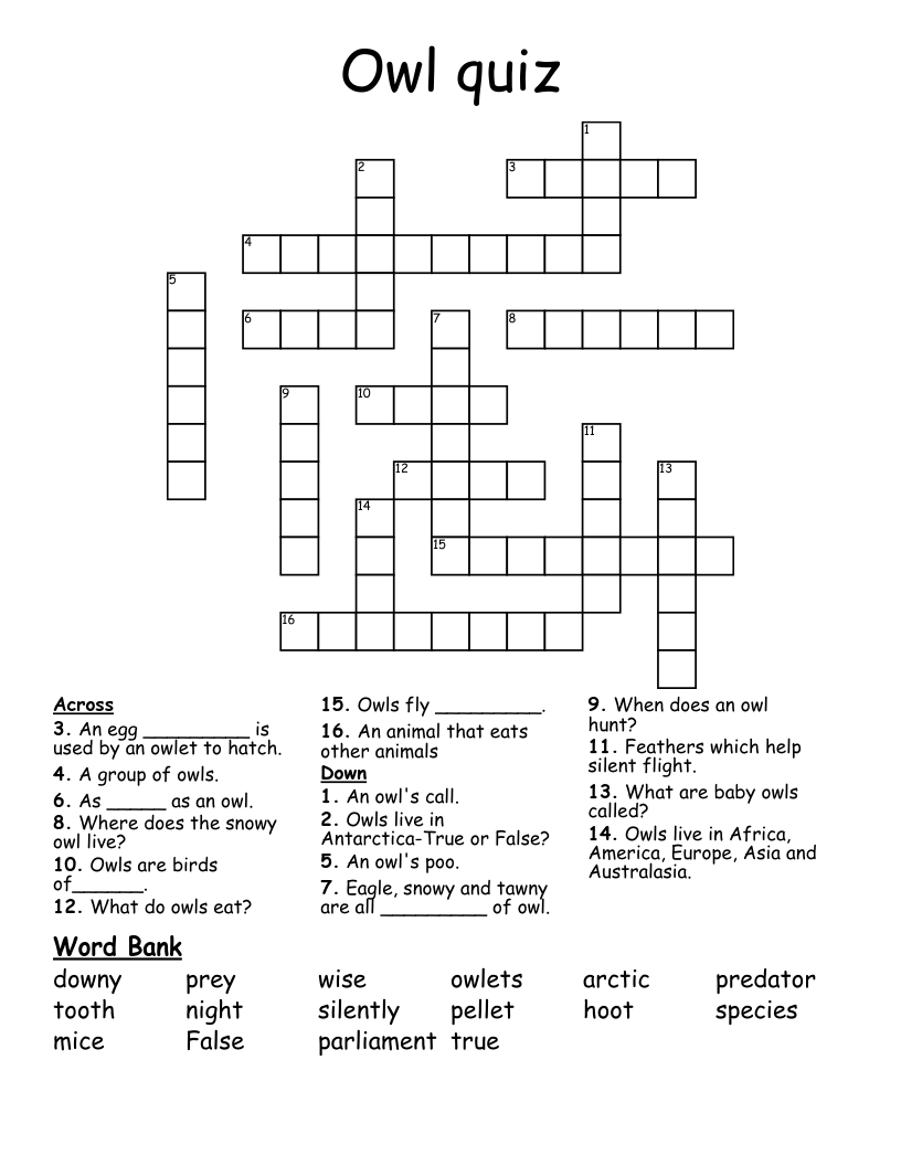 Owl quiz Crossword