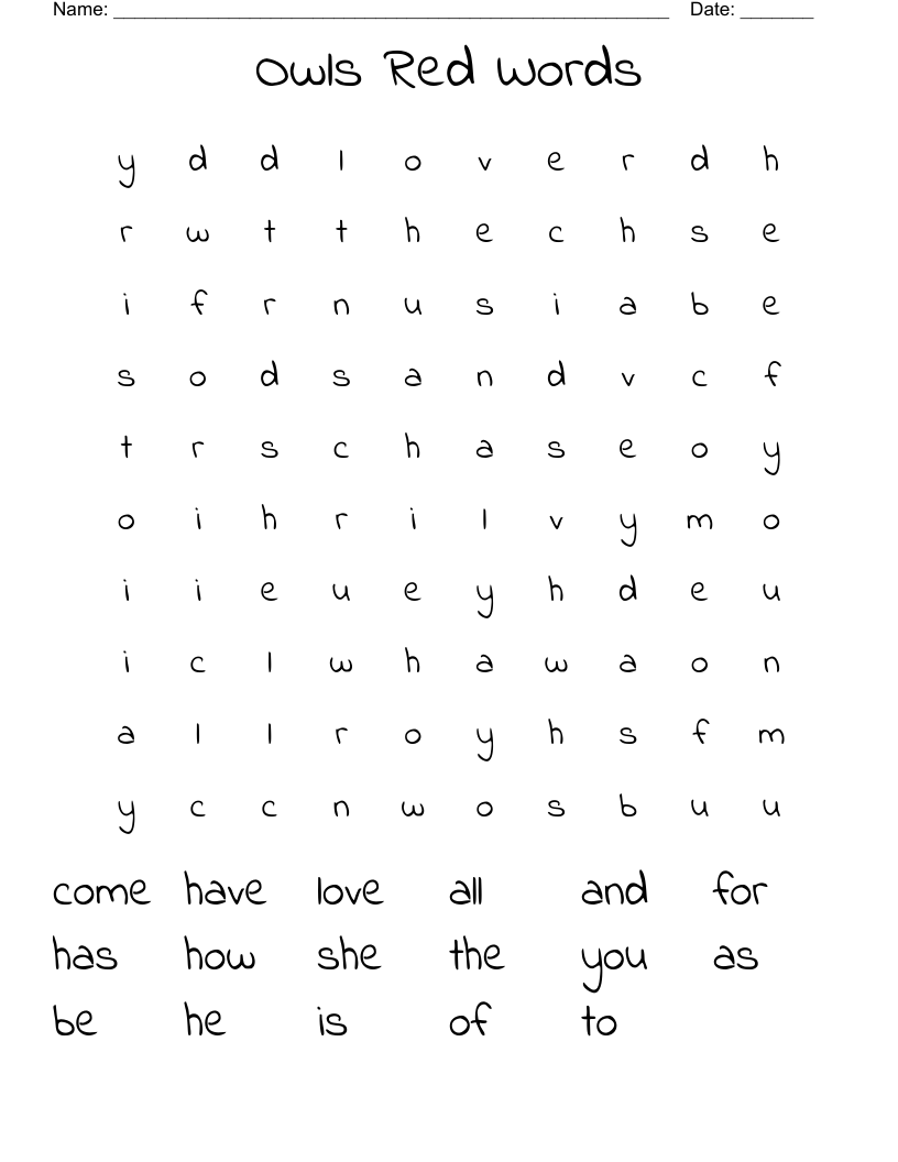 Owls Red Words Word Search