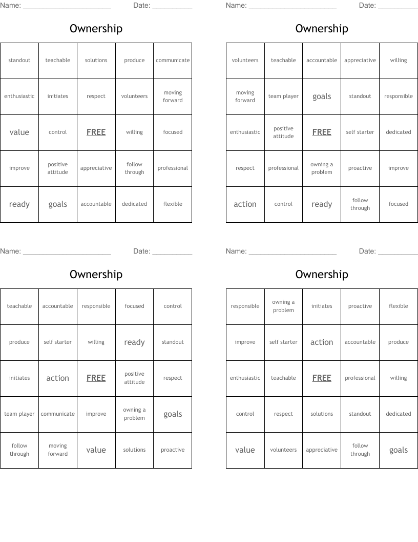 Ownership Bingo Cards
