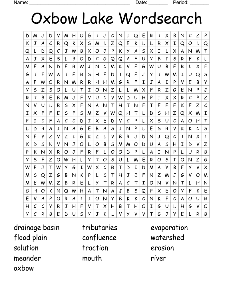 Oxbow Lake Wordsearch