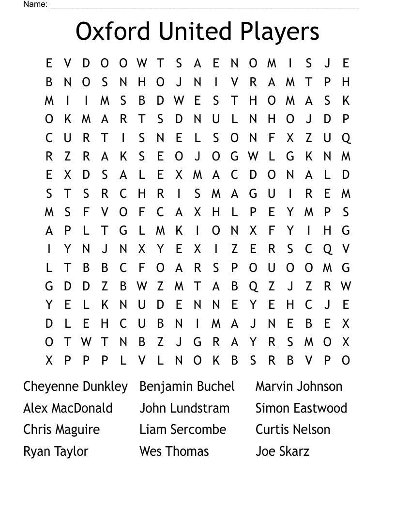 Oxford United Players Word Search