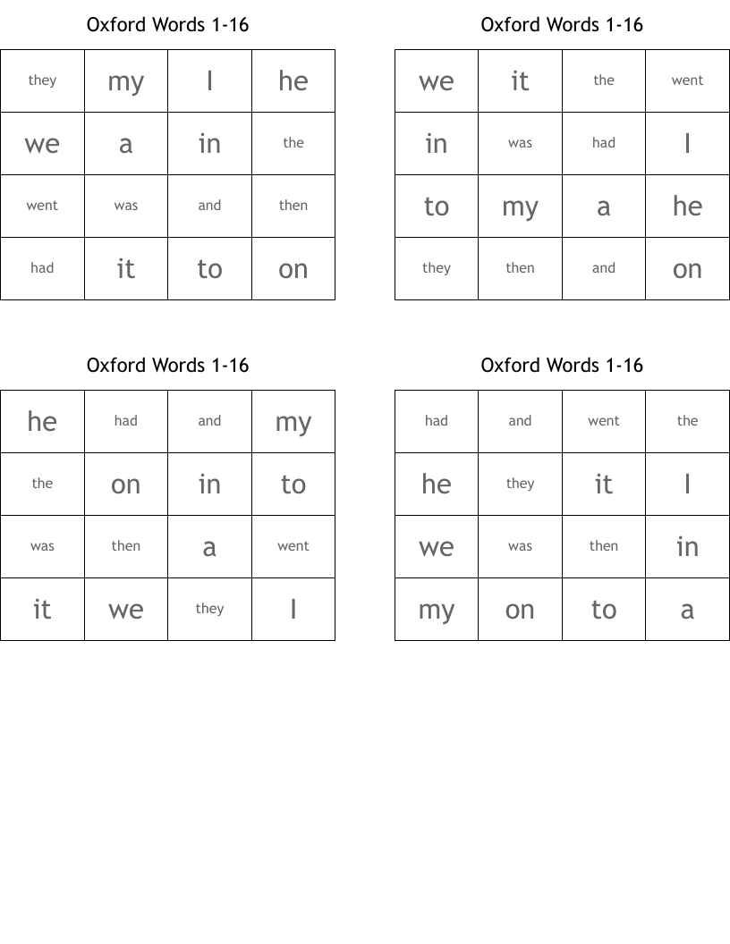 Oxford Words 1-16 Bingo Cards