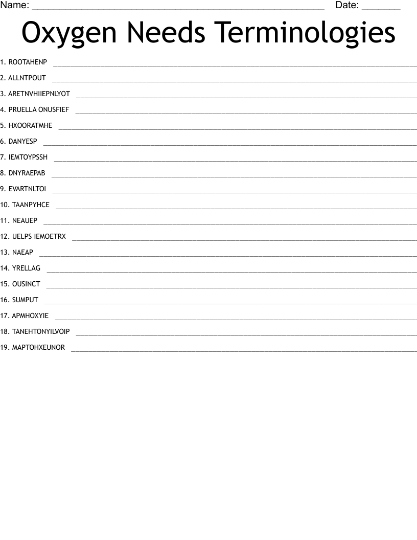 Oxygen Needs Terminologies Word Scramble