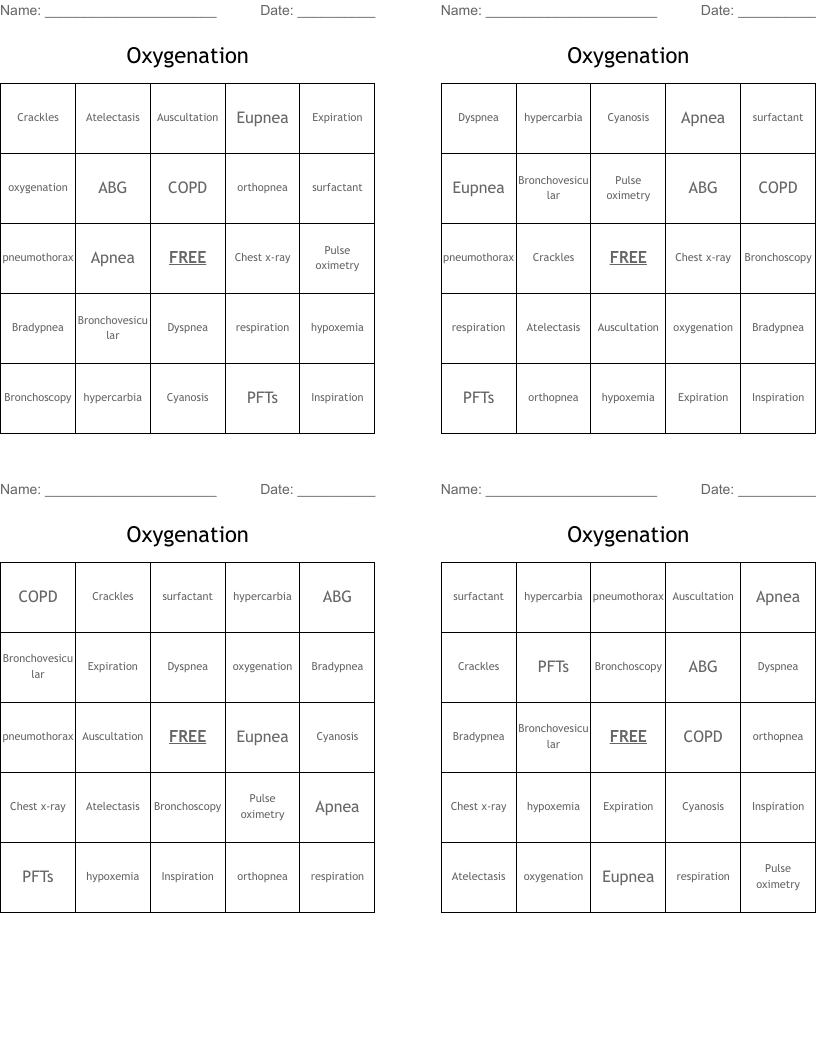Oxygenation Bingo Cards
