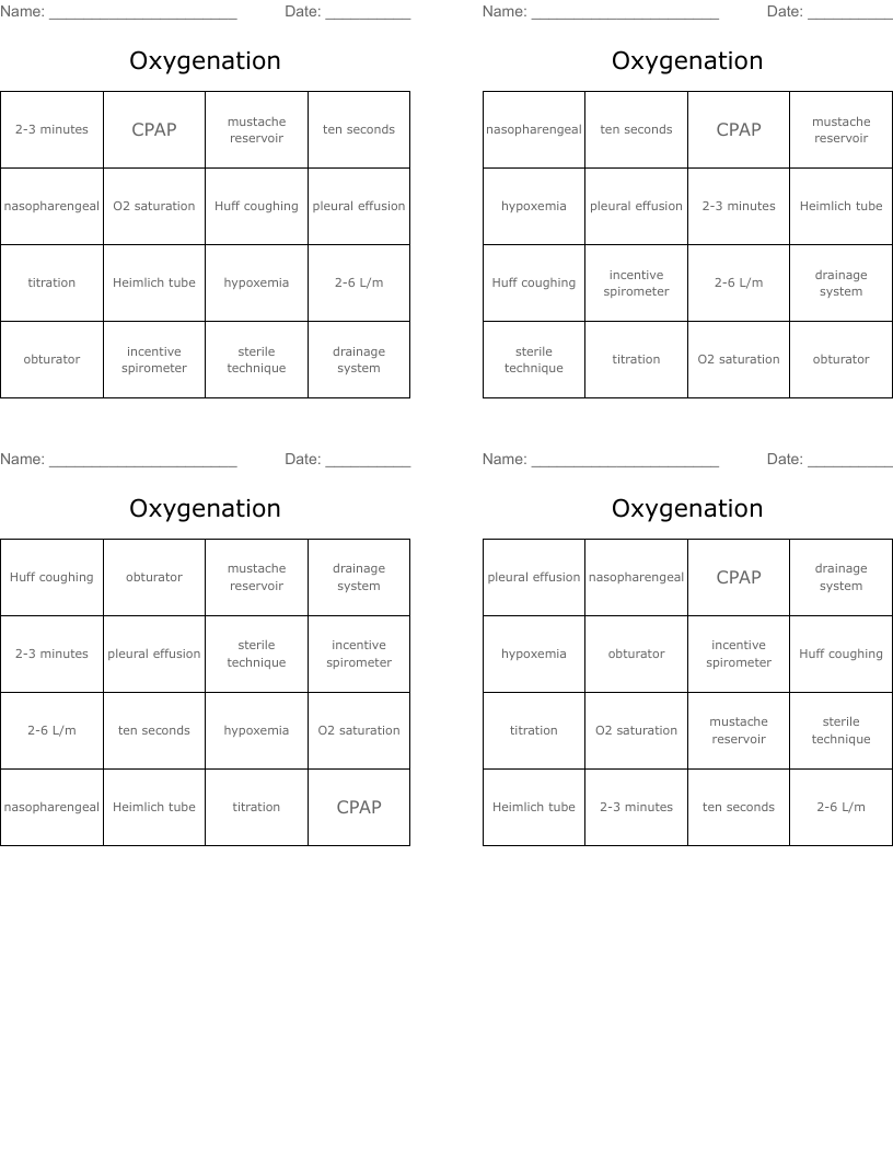 Oxygenation Bingo Cards