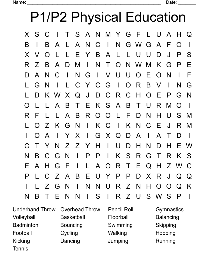P1/P2 Physical Education Word Search