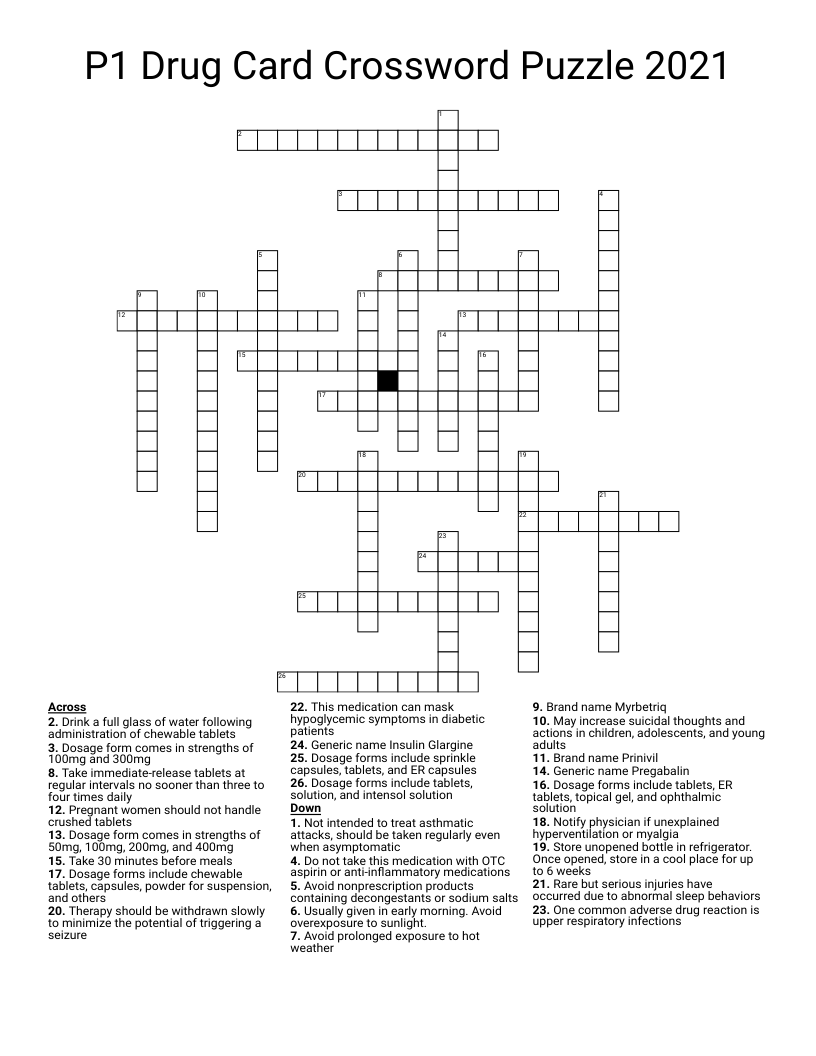 P1 Drug Card Crossword Puzzle 2021