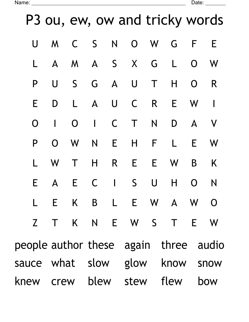 P3 ou, ew, ow and tricky words Word Search