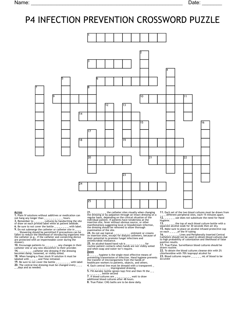 P4 INFECTION PREVENTION CROSSWORD PUZZLE