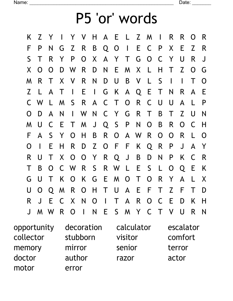 P5 'or' words Word Search