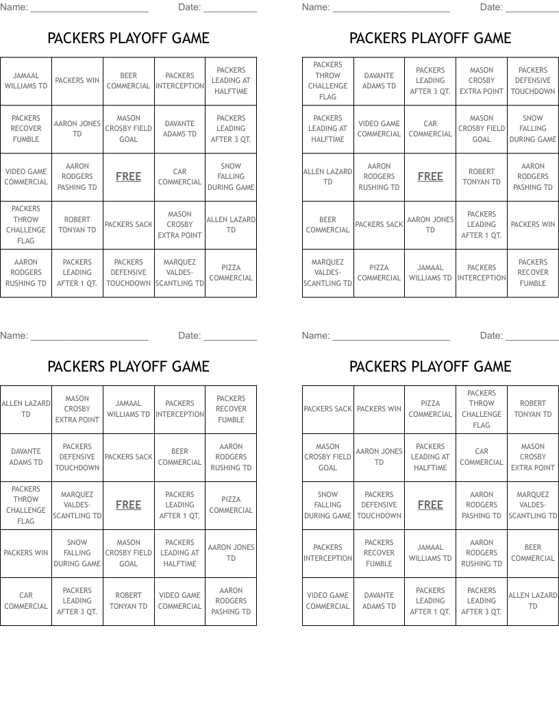 PACKERS PLAYOFF GAME Bingo Cards