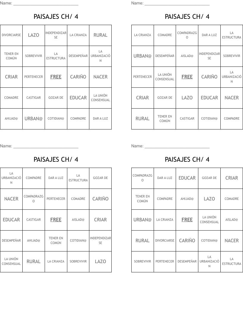 PAISAJES CH/ 4 Bingo Cards