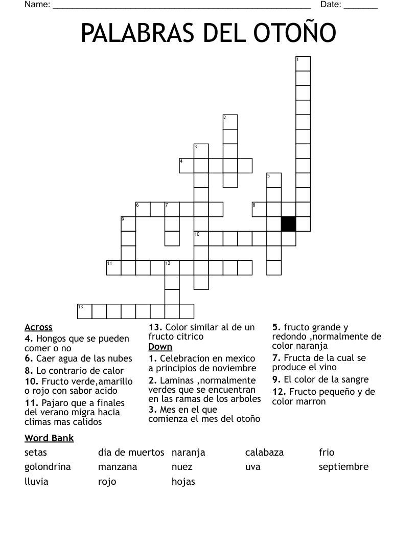PALABRAS DEL OTOÑO Crossword