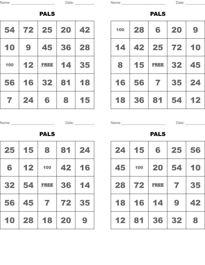 PALS Bingo Cards