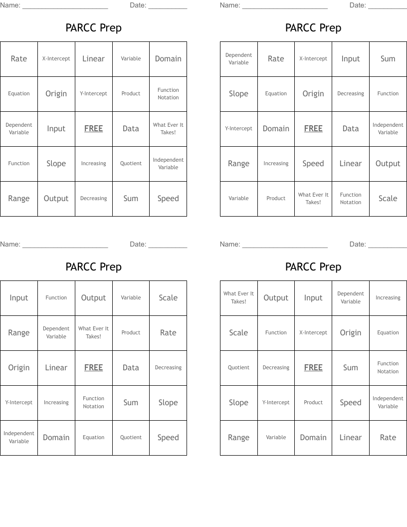PARCC Prep Bingo Cards