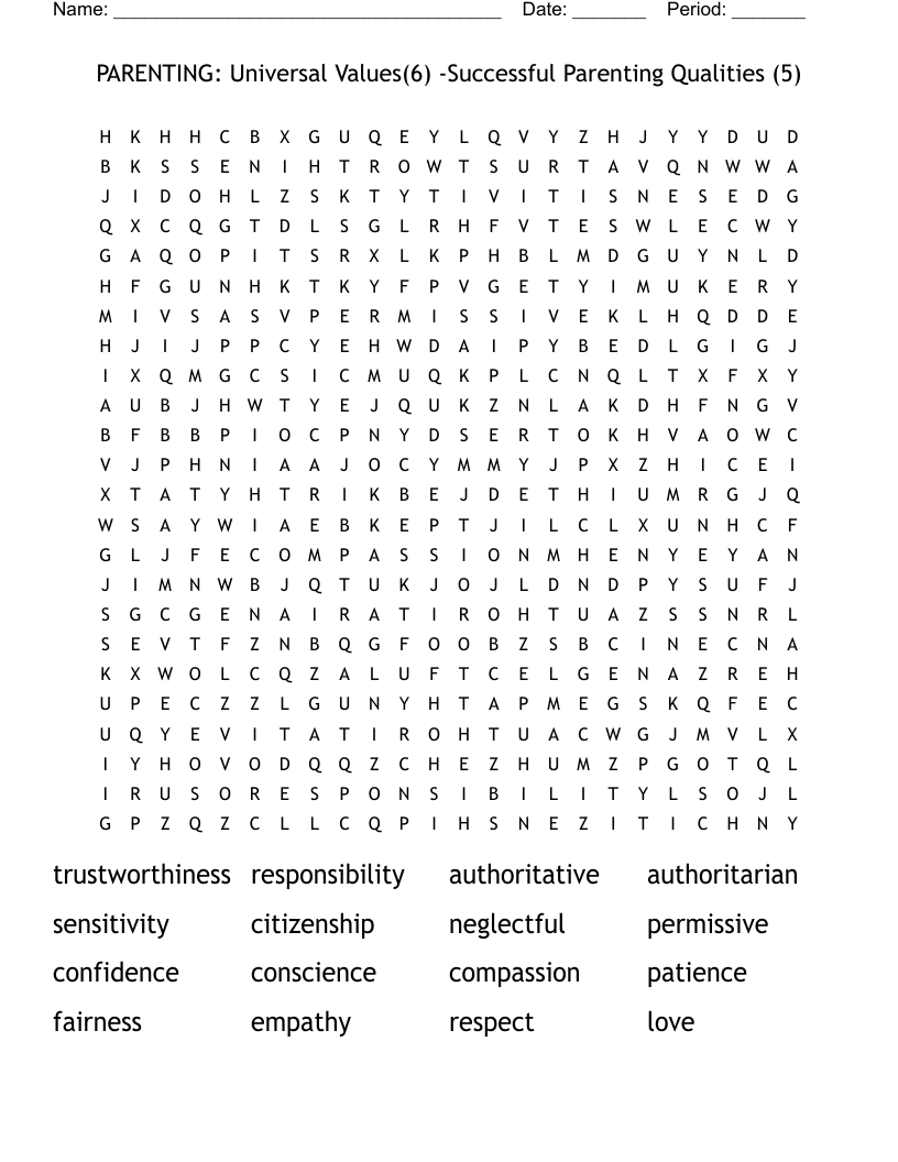 PARENTING:  Universal Values(6) -Successful Parenting Qualities (5) Word Search