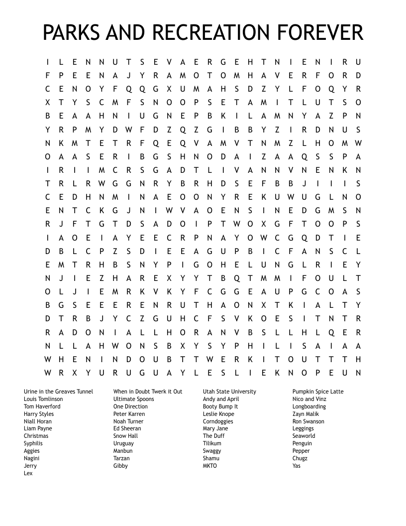 PARKS AND RECREATION FOREVER Word Search
