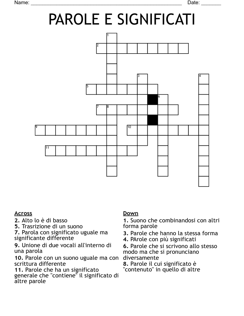 PAROLE E SIGNIFICATI Crossword
