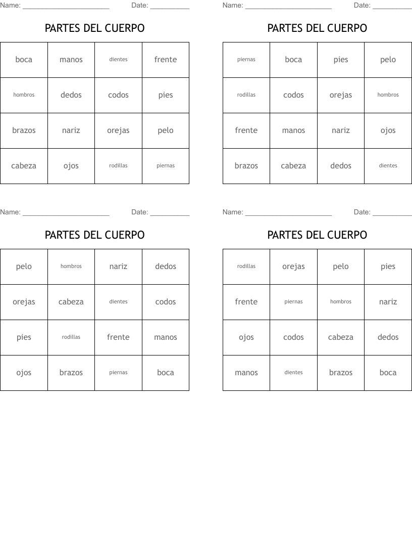 PARTES DEL CUERPO Bingo Cards