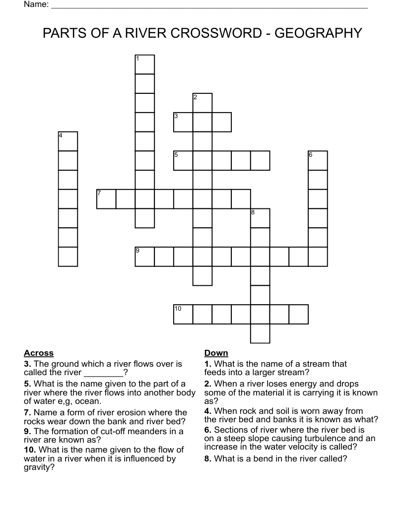 PARTS OF A RIVER CROSSWORD - GEOGRAPHY