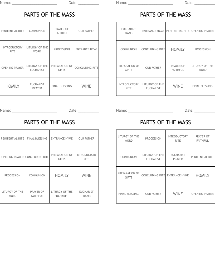 PARTS OF THE MASS  Bingo Cards