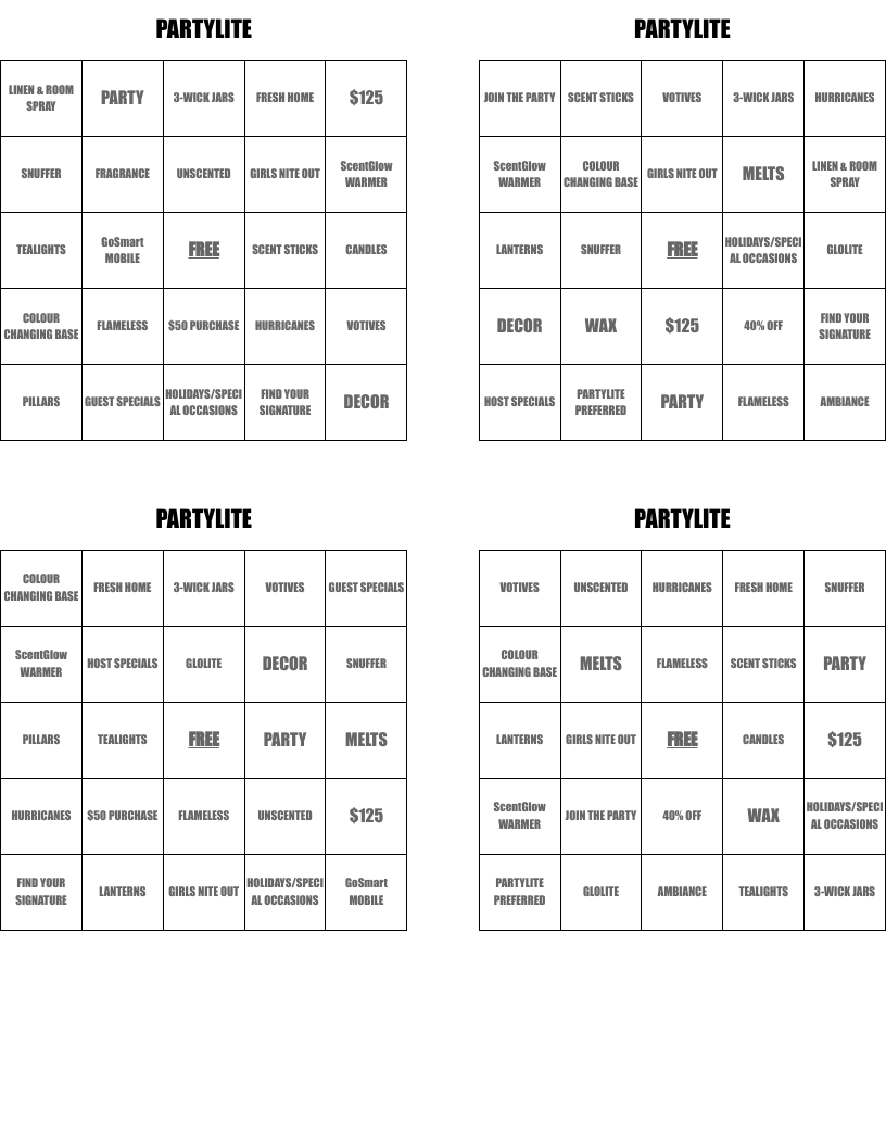 PARTYLITE Bingo Cards