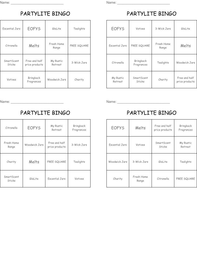 PARTYLITE BINGO