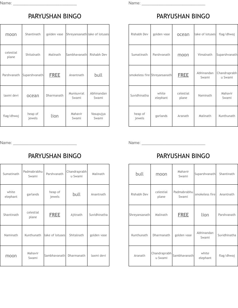 PARYUSHAN BINGO