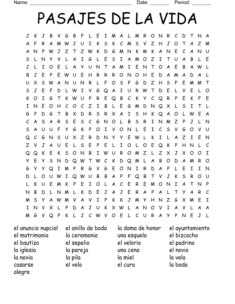 PASAJES DE LA VIDA Word Search