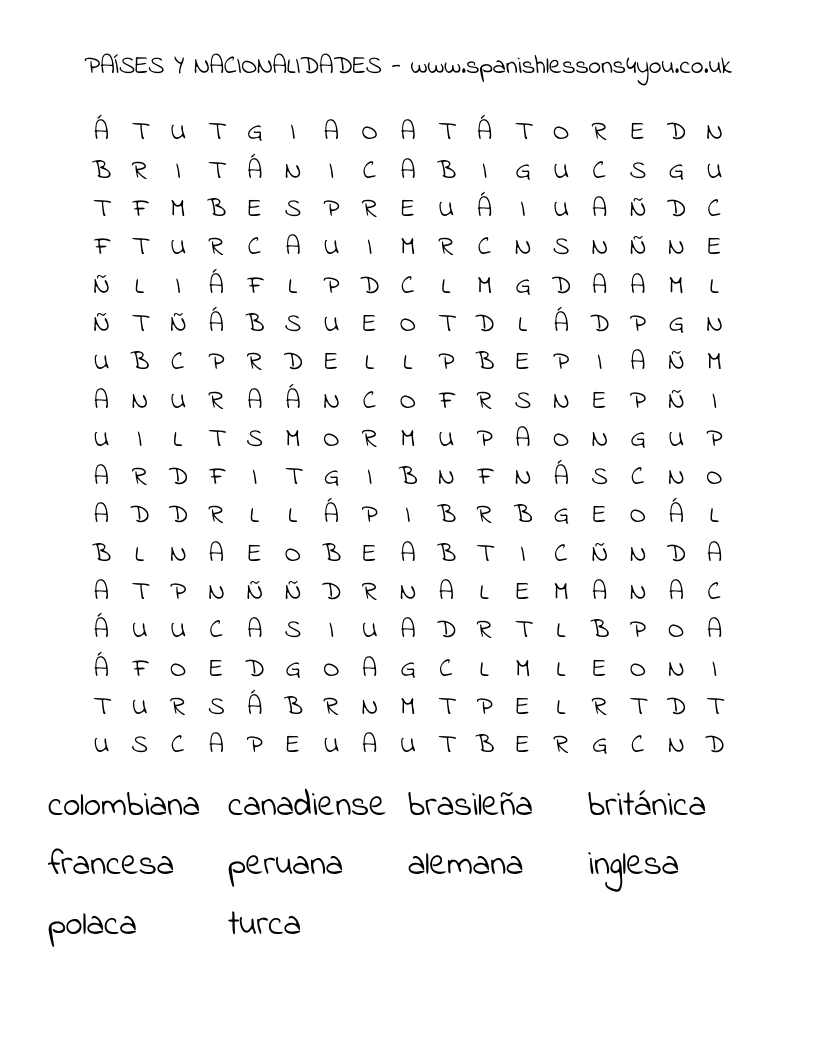 PAÍSES Y NACIONALIDADES - www.spanishlessons4you.co.uk Word Search