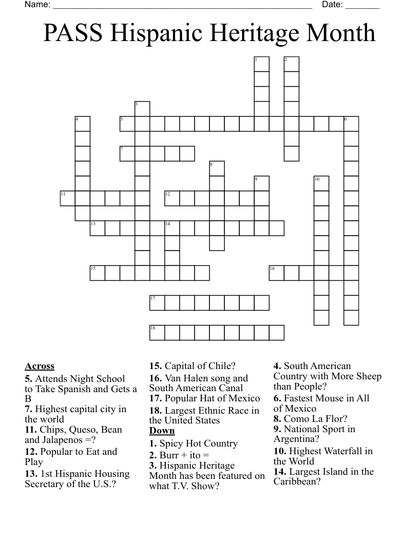 PASS Hispanic Heritage Month Crossword