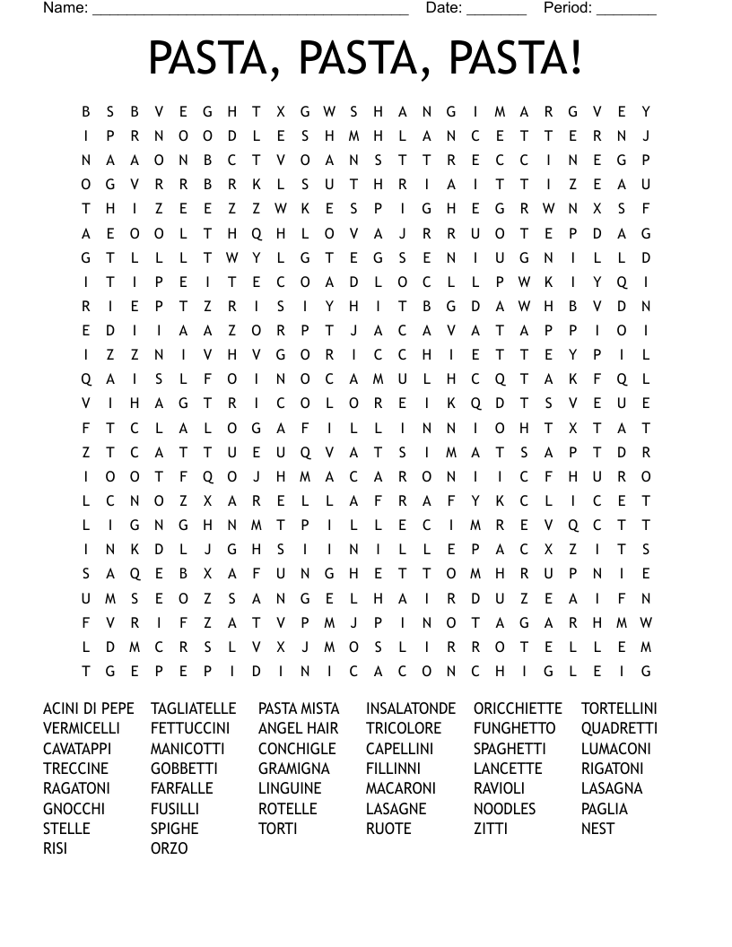 PASTA, PASTA, PASTA! Word Search