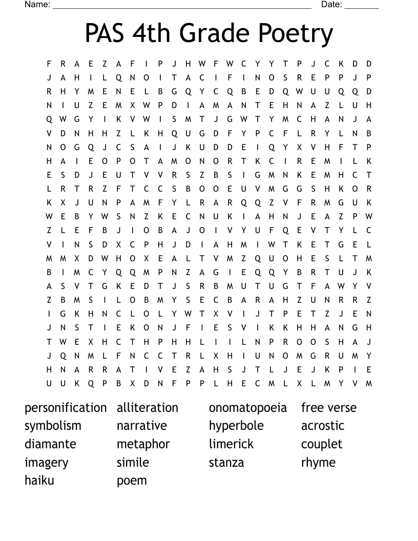 PAS 4th Grade Poetry Word Search