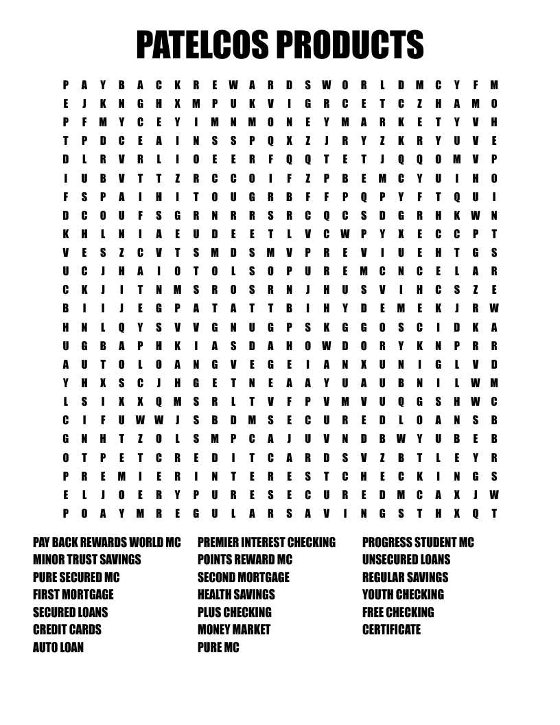 PATELCOS PRODUCTS Word Search