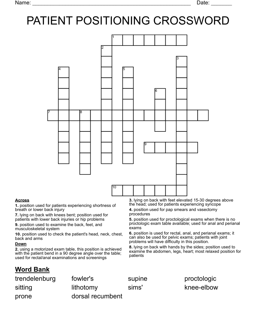 PATIENT POSITIONING CROSSWORD