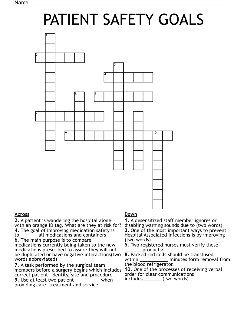 PATIENT SAFETY GOALS Crossword
