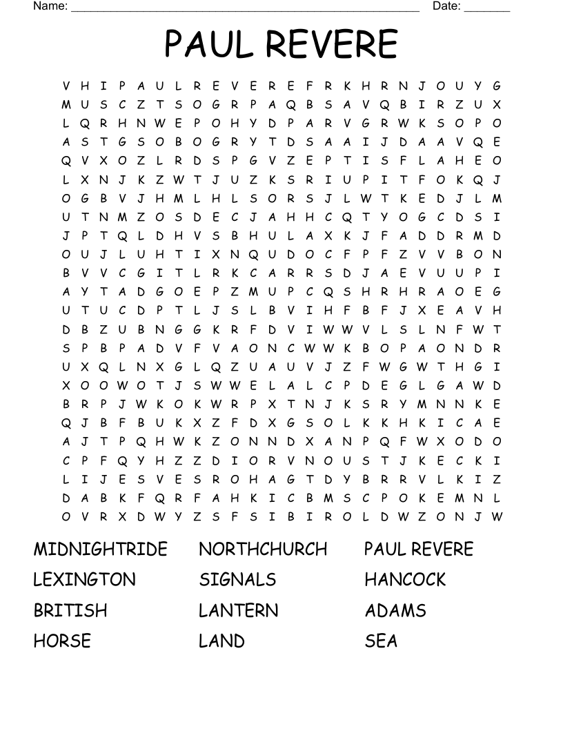 PAUL REVERE Word Search