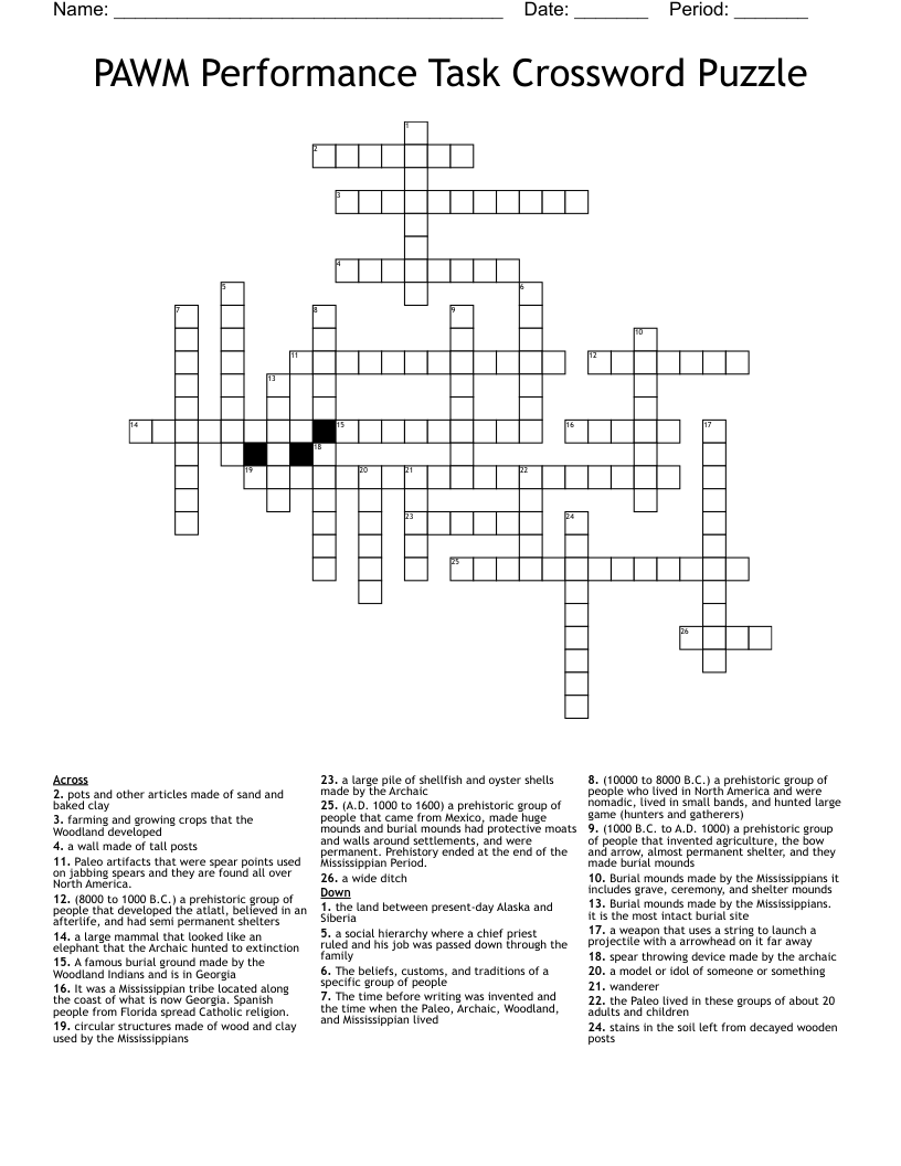 PAWM Performance Task Crossword Puzzle