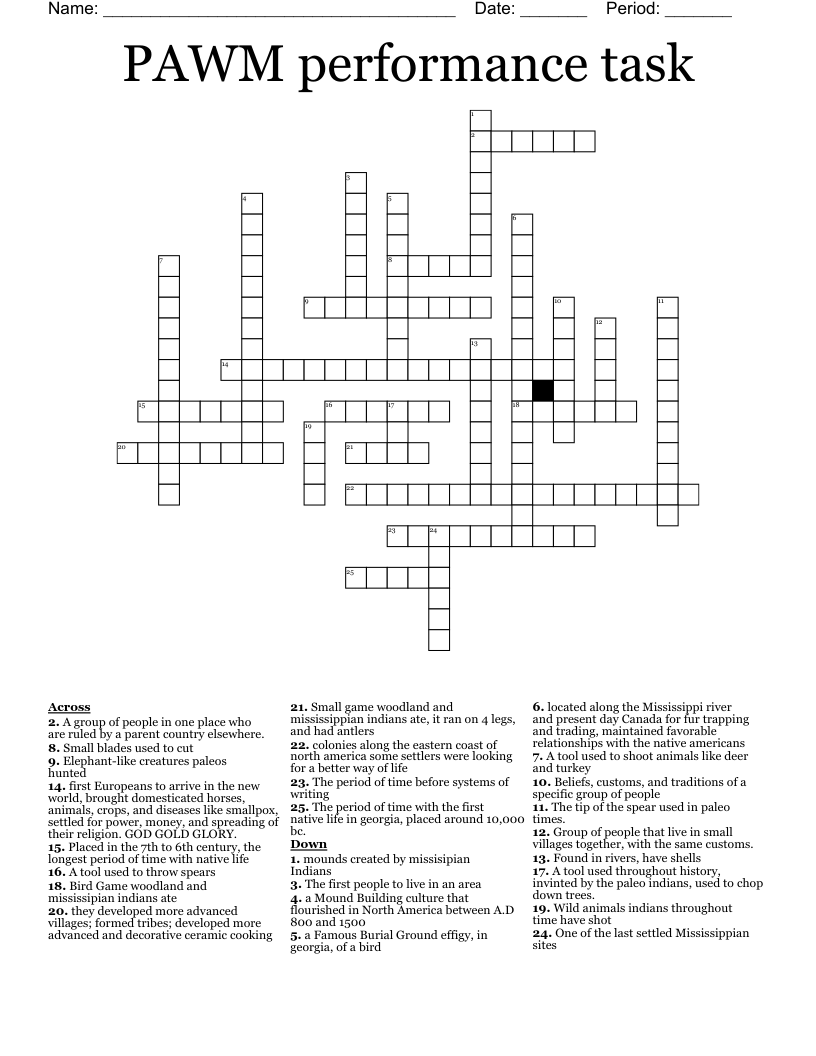 PAWM performance task Crossword