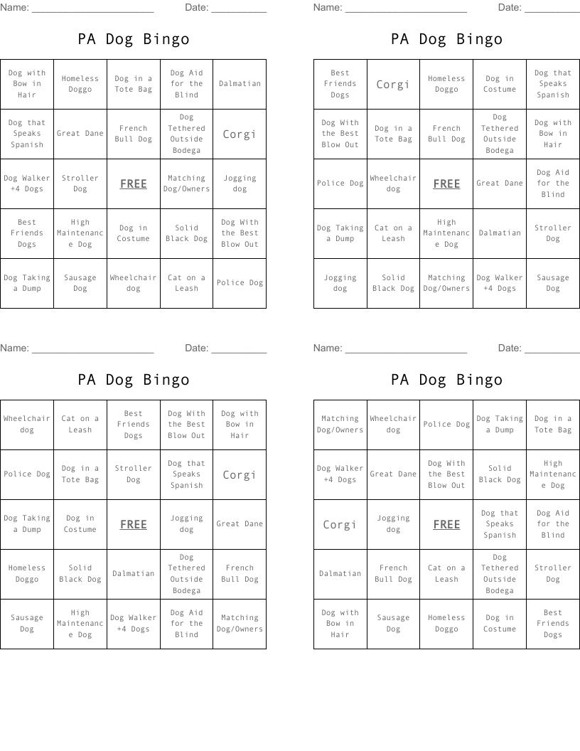 PA Dog Bingo