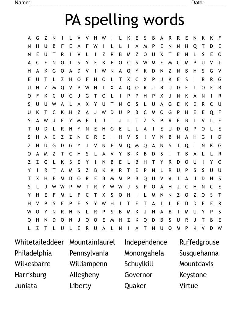 PA spelling words Word Search