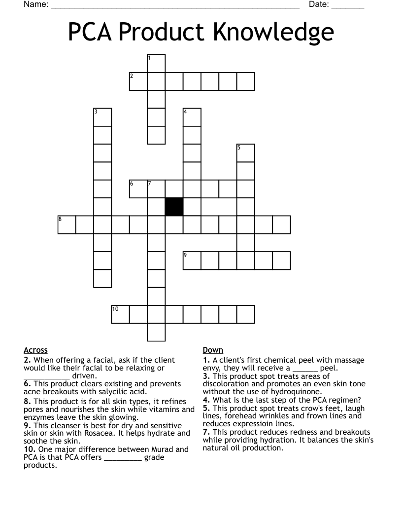 PCA Product Knowledge Crossword